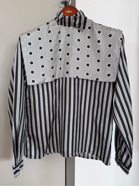 Vintage Tops - French Vintage Black, Gray, and White Striped & Polka Dot Blouse